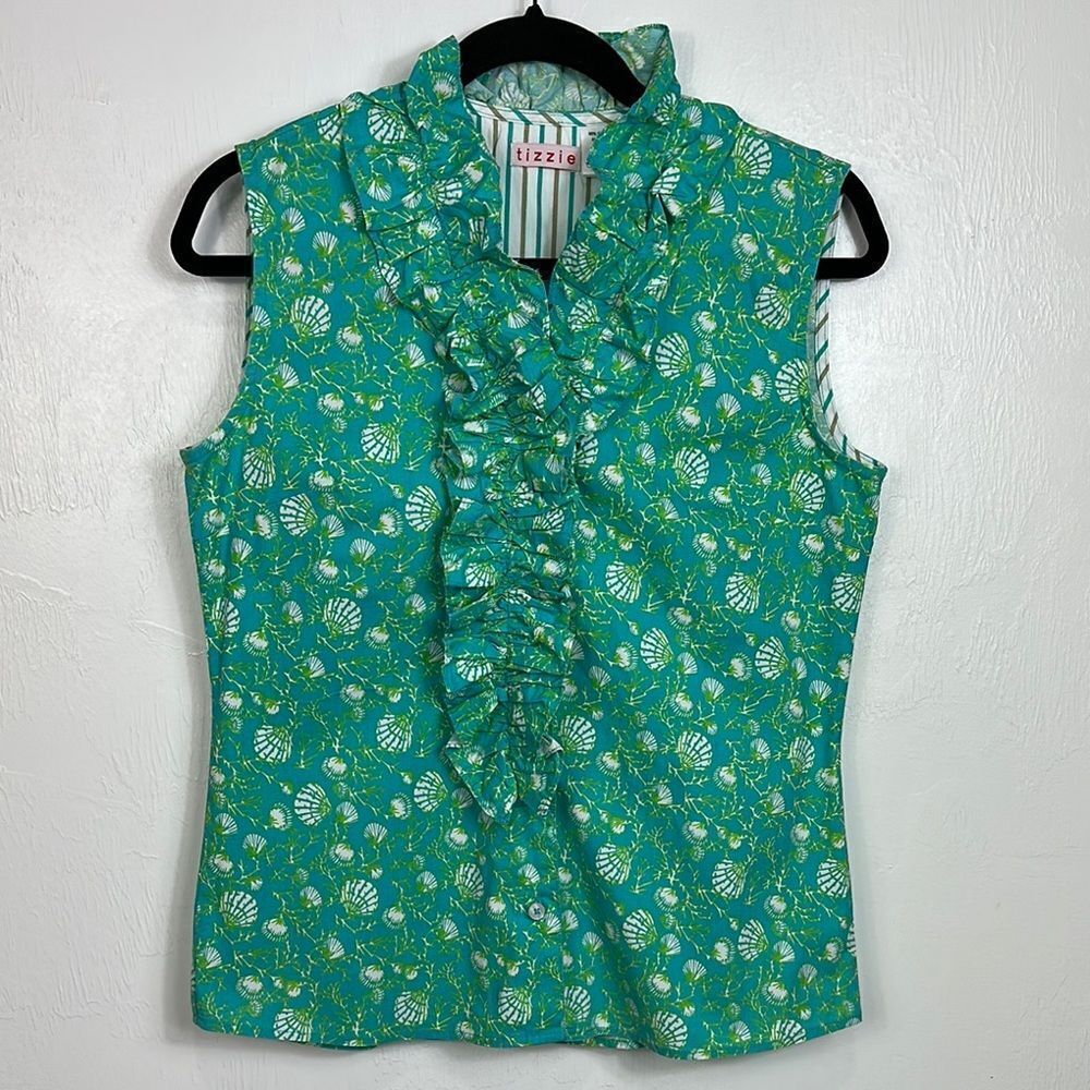 Tizzie Green Seashell Print Cotton Blend Sleeveless Ruffle Top Size M